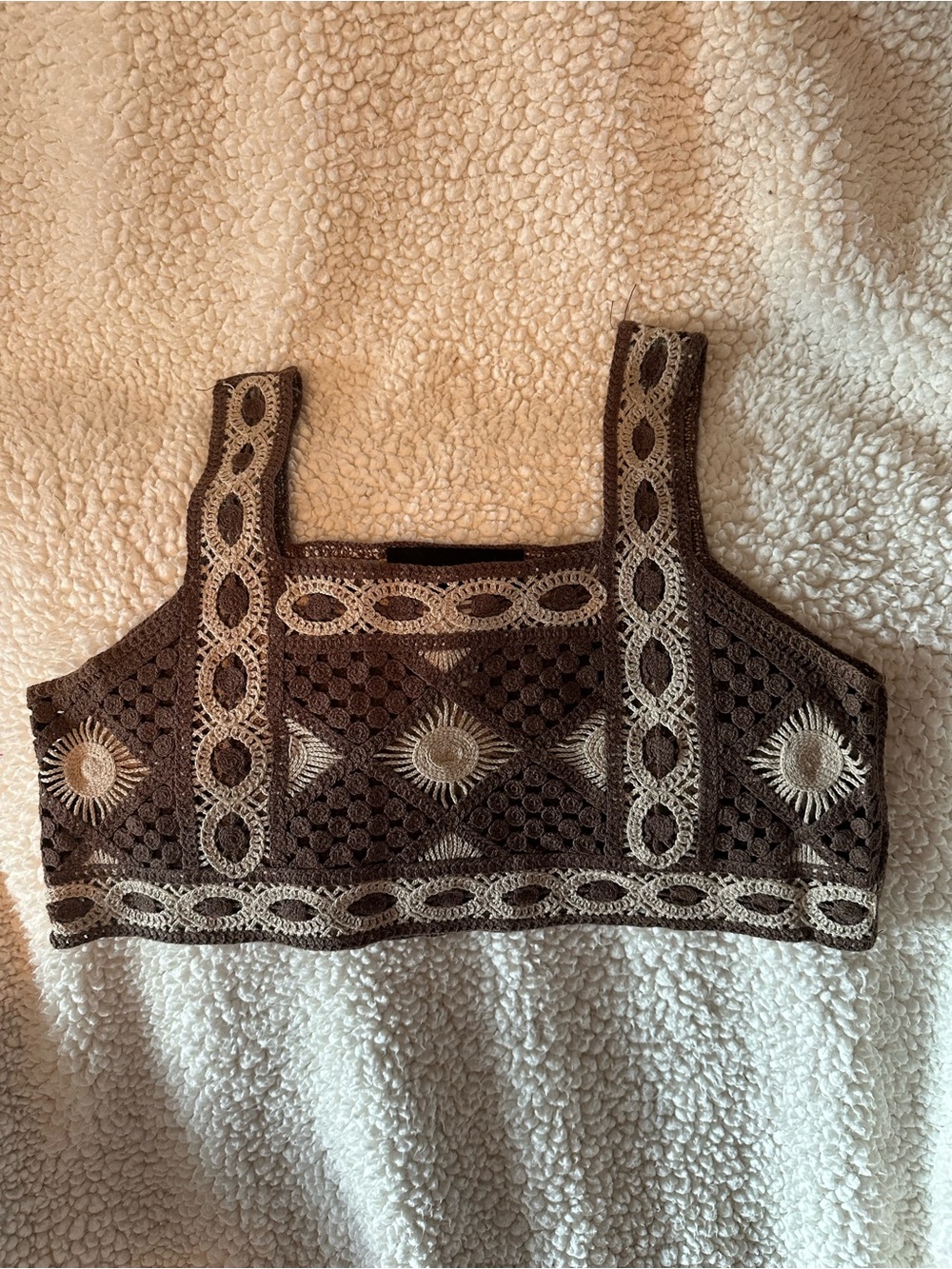 chic Brown Crochet Crop Top with Cream Embroidery